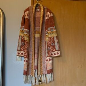 Aztec Pattern Boho orange blue White Fringed Open Front Cardigan Size SM
